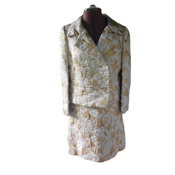 Vintage Michael Novarese Gold Brocade Dress Suit Women's Small